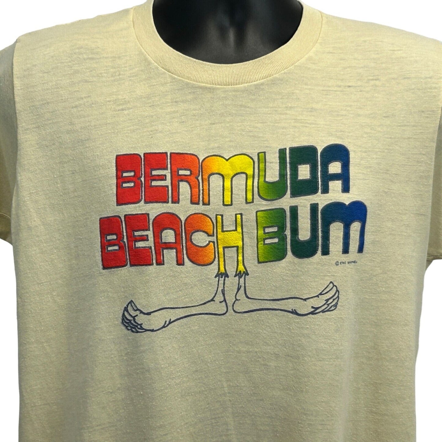 Camiseta vintage de los años 70 de Bermuda Beach Bum, talla mediana, fabricada en EE. UU., para hombre, color beige