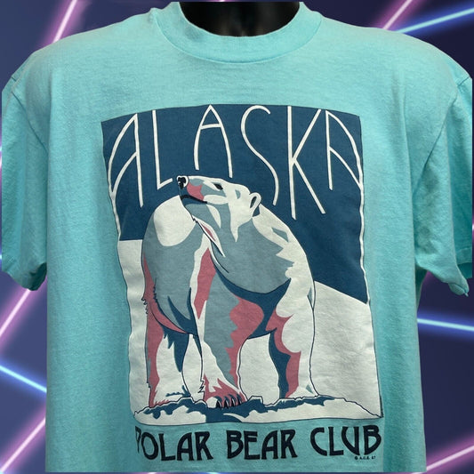 Vintage Alaska Polar Bear Club T Shirt Large 80s Made In USA Tee Mens Blue