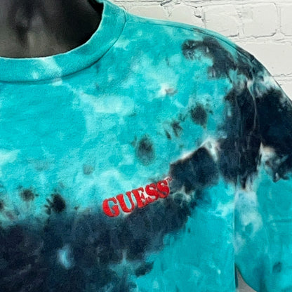 GUESS Originals Tie Dye Graphic T Shirt M Medium Teal Black Nautical Flags Logo