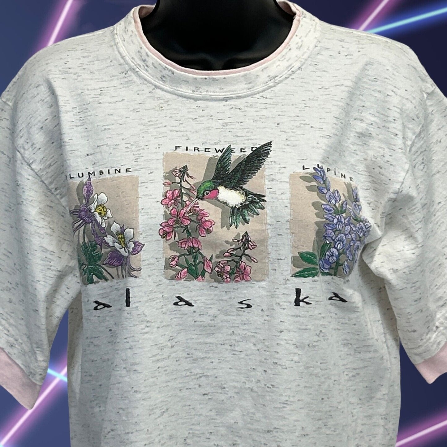 Vintage Alaska Hummingbird Flowers T Shirt Womens Medium Layered Look USA Gray