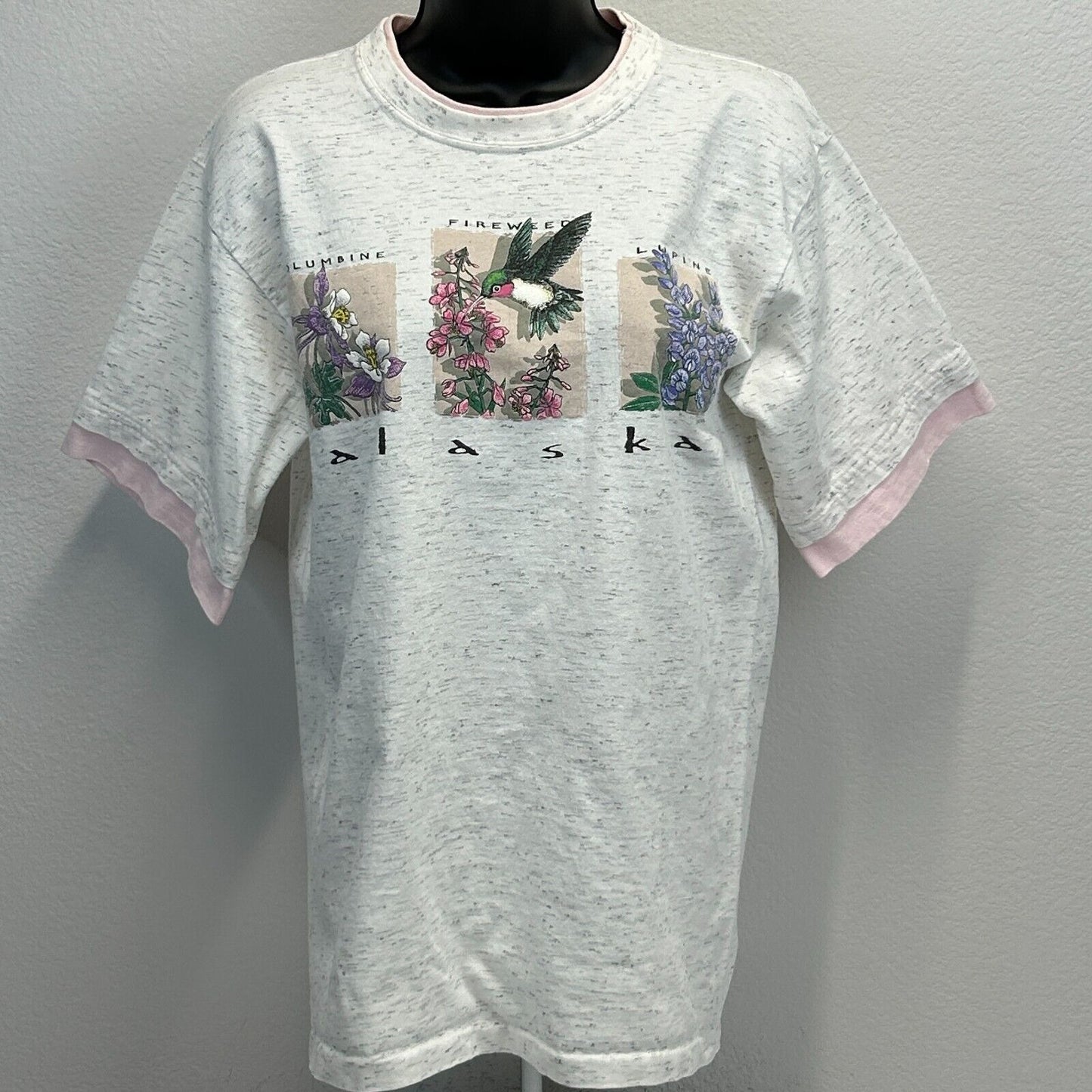 Vintage Alaska Hummingbird Flowers T Shirt Womens Medium Layered Look USA Gray