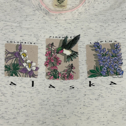 Vintage Alaska Hummingbird Flowers T Shirt Womens Medium Layered Look USA Gray