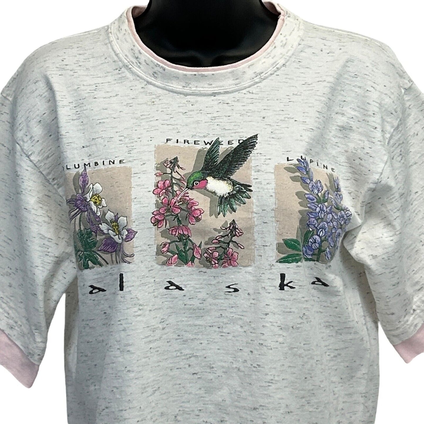 Vintage Alaska Hummingbird Flowers T Shirt Womens Medium Layered Look USA Gray