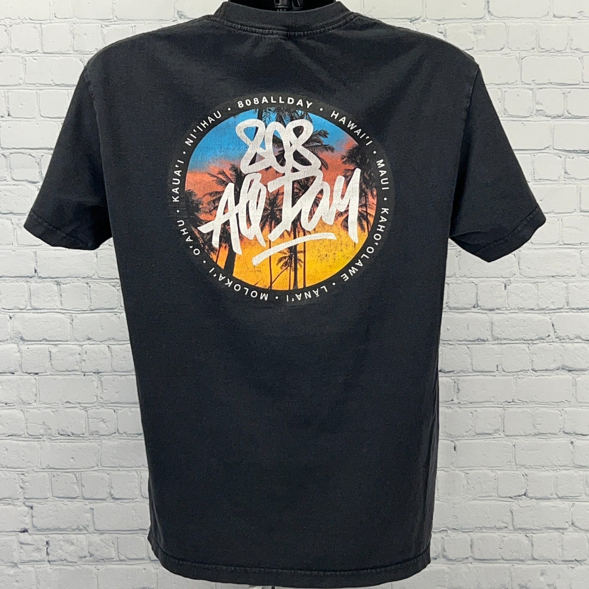 Black 808 All Day T-shirt featuring a colorful Hawaii graphic on the back