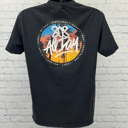 Black 808 All Day T-shirt featuring a colorful Hawaii graphic on the back