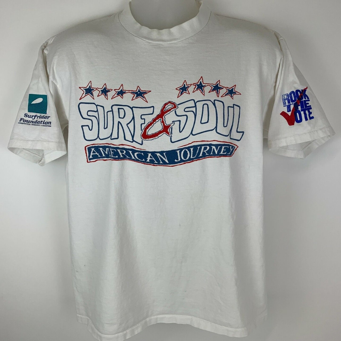 Camiseta MTV Rock the Vote Surf and Soul Vintage 90s Camiseta grande Surfrider para hombre blanca