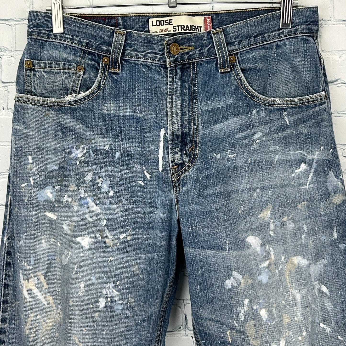 Levis 569 Loose Straight Jeans Distressed Paint Splattered Denim Blue Mens 30x31