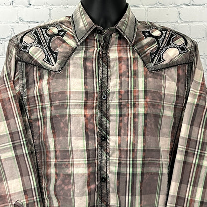 Roar x Buckle Button Front Shirt Cross Wings Long Sleeve Plaid Beige L Large