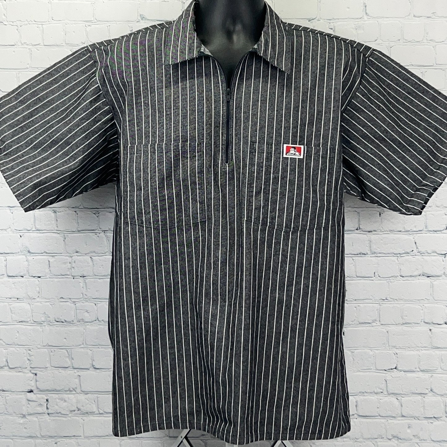 Ben Davis Hickory Striped Pullover 1/4 Zip Shirt XL X-Large Gray Short Sleeve