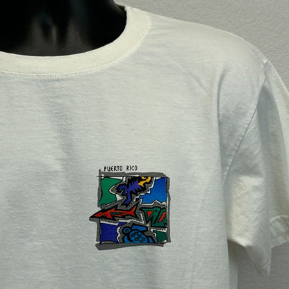 Camiseta vintage de tiburón de Puerto Rico, mediana, años 90, camiseta de turista caribeña para hombre, blanca