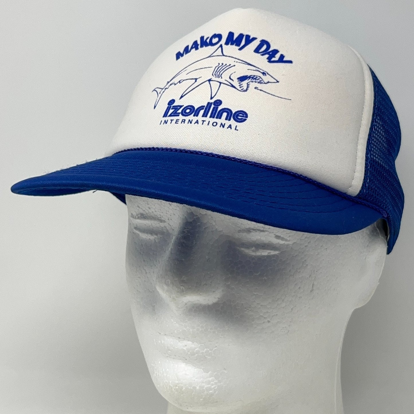 Vintage 80s Izorline Fishing Line Trucker Hat Baseball Cap Shark Snapback Blue