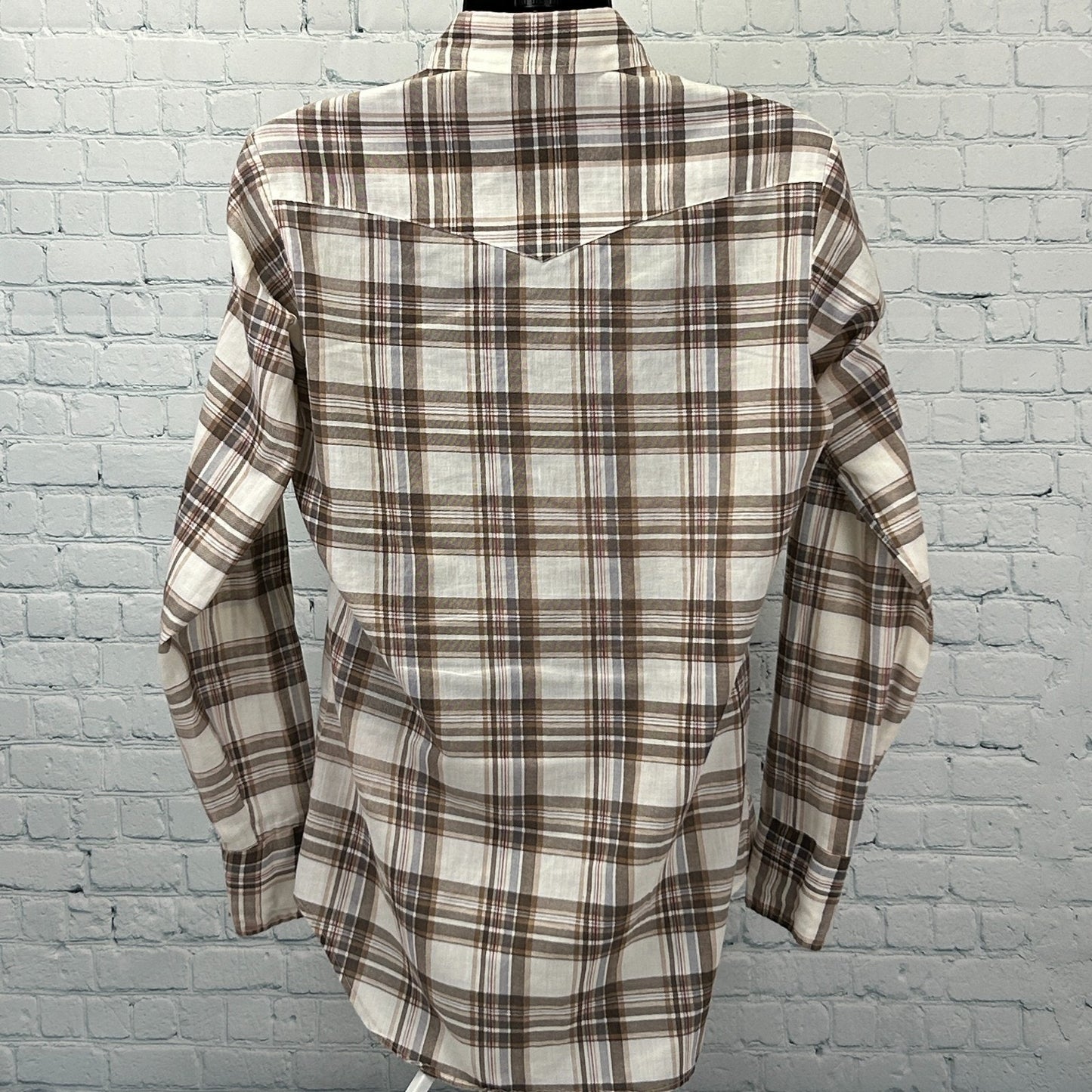 Vintage 70s Sears Western Wear Pearl Snap Button Front Shirt Beige M Medium Tall