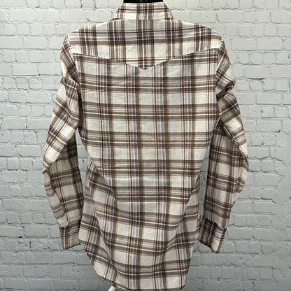 Vintage 70s Sears Western Wear Pearl Snap Button Front Shirt Beige M Medium Tall