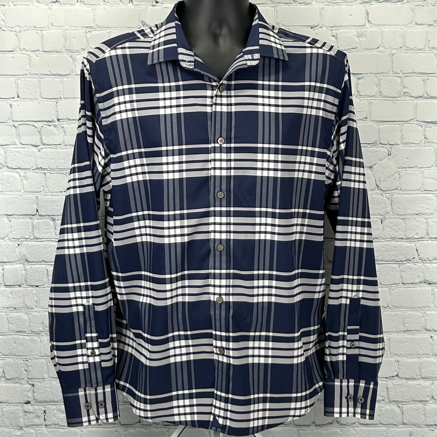 UNTUCKit Delucca Slim Fit Button Front Shirt Check Plaid LS Blue Mens L Large