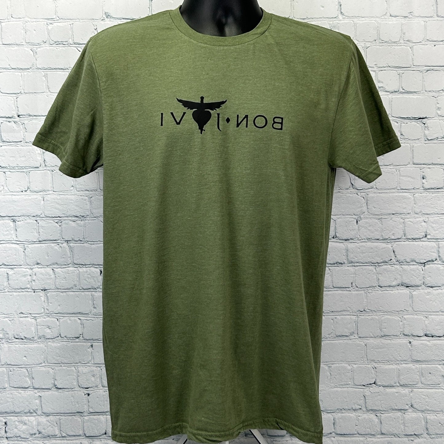 Bon Jovi Mirror Image T Shirt OD Green Reversed Heart and Dagger Logo M Medium