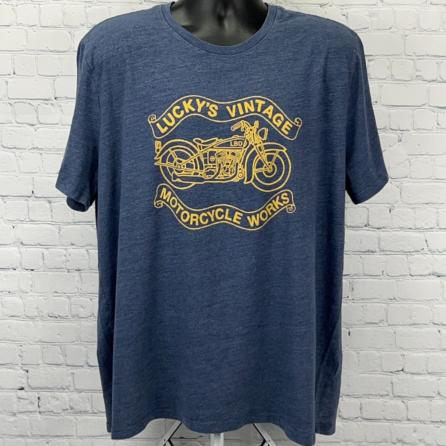 Lucky Brand Luckys Vintage Motorcycle Works T Shirt XXL 2XL Blue Biker Tee
