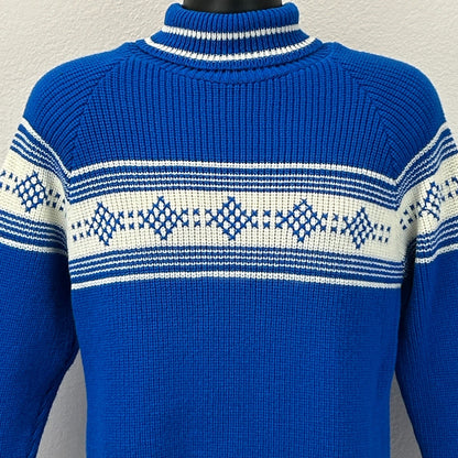 Vintage Fair Isle Nordic Turtleneck Sweater Knit Long Sleeve Blue S Small
