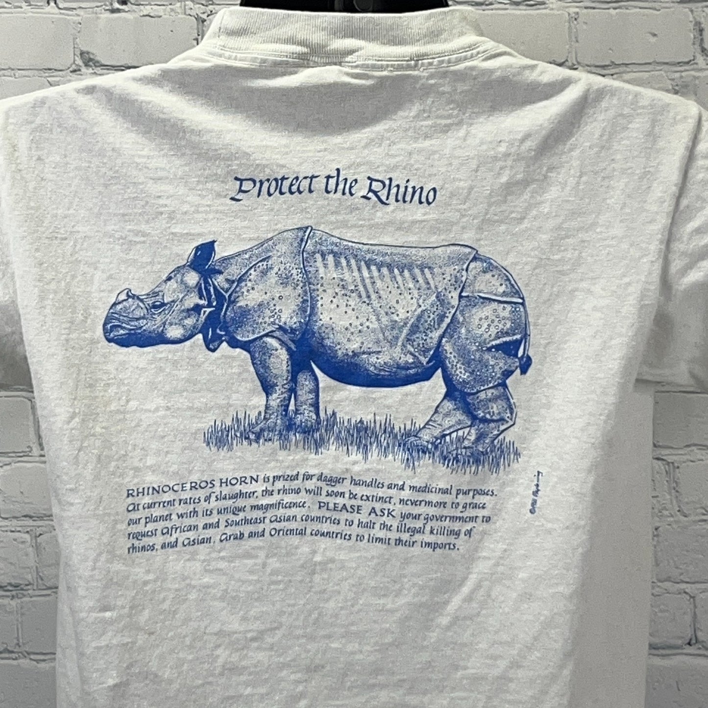 Vintage 80s Threatened Species Elephant Rhinoceros T Shirt White Unisex S Small