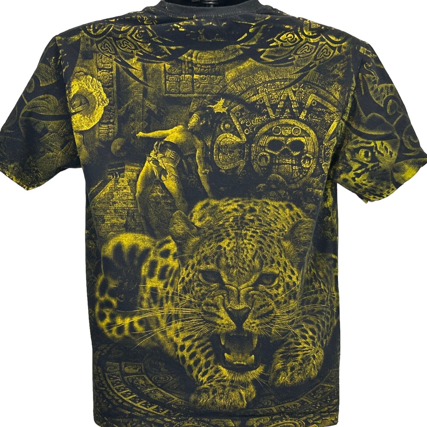 Cancun Mexico AOP T Shirt Mayan Jaguar All Over Print Black Graphic Tee Medium