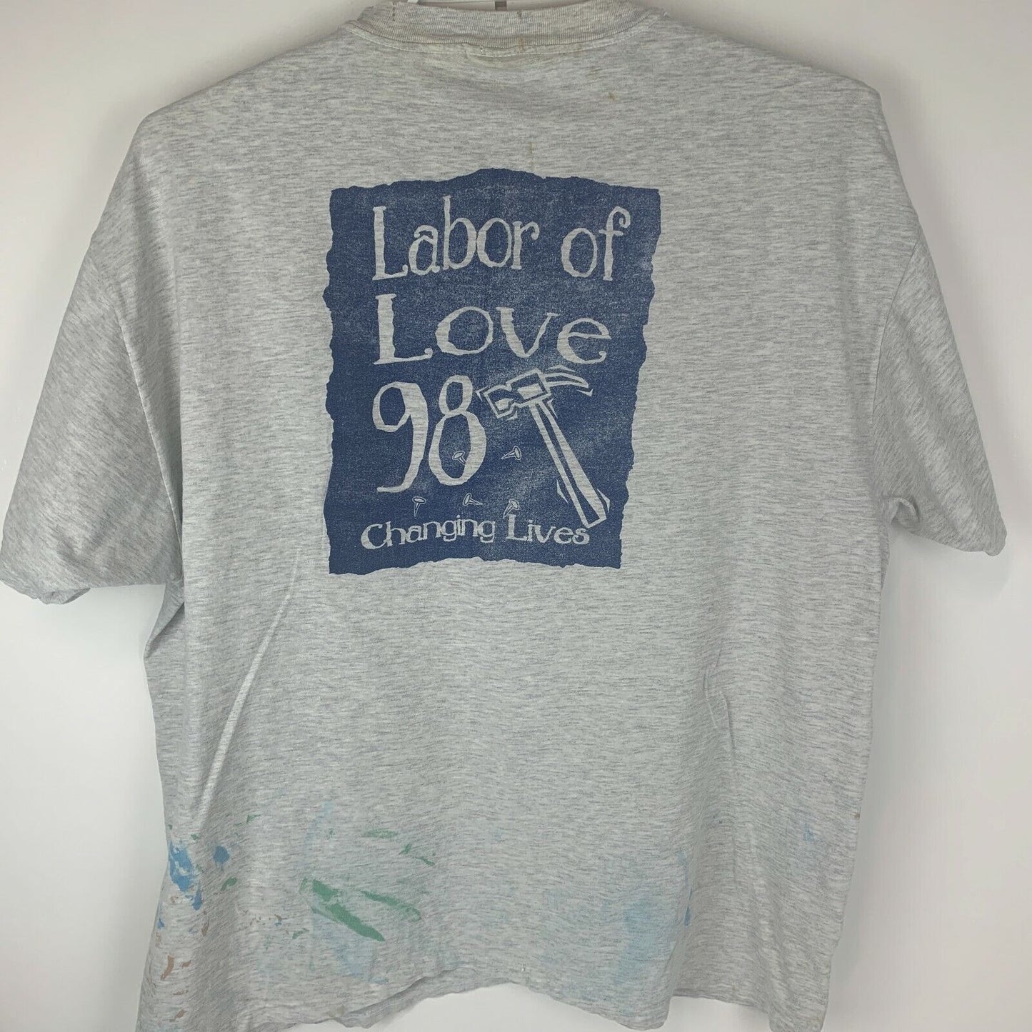 Camiseta vintage desgastada con texto "Labor of Love" de México, talla 2XL XXL, arte cristiano, para hombre, color gris