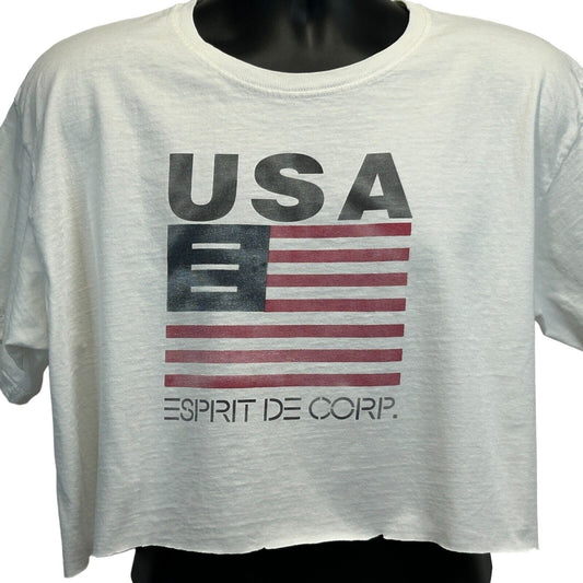Vintage 90s Esprit De Corp Crop Top T Shirt USA Flag Logo Tee White L Large