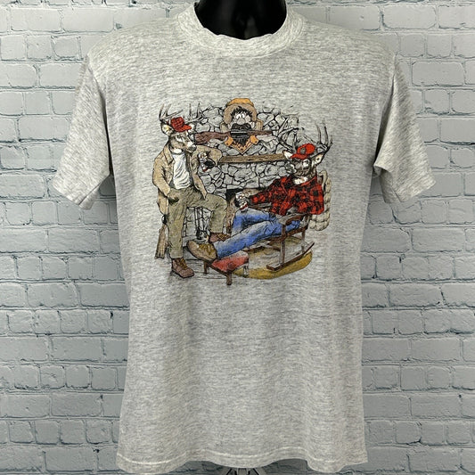 Vintage 90s Deer Hunter Funny T Shirt Hunting Cabin Made In USA Gray M Medium