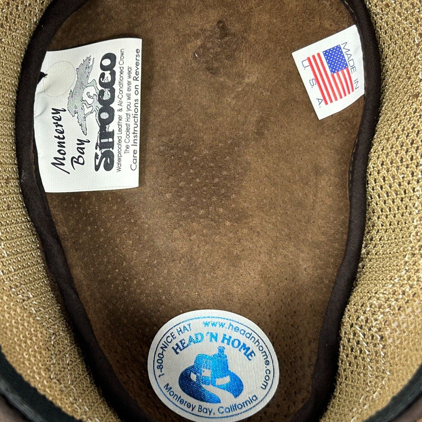 Sirocco Wide Brim Sun Hat Brown Leather Mesh American Hat Makers USA Made Medium