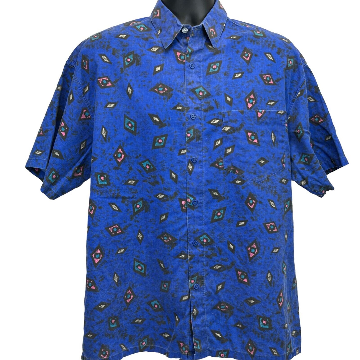 Vintage 90s Geometric Button Front Shirt Large Skater Surfer Surfing Mens Blue