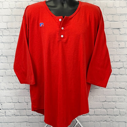 Vintage 90s Russell Athletic Henley T Shirt Red 3/4 Sleeve USA Made XL X-Large