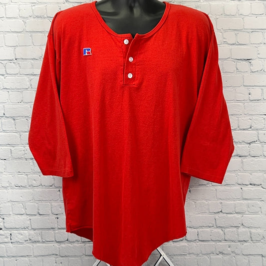 Vintage 90s Russell Athletic Henley T Shirt Red 3/4 Sleeve USA Made XL X-Large