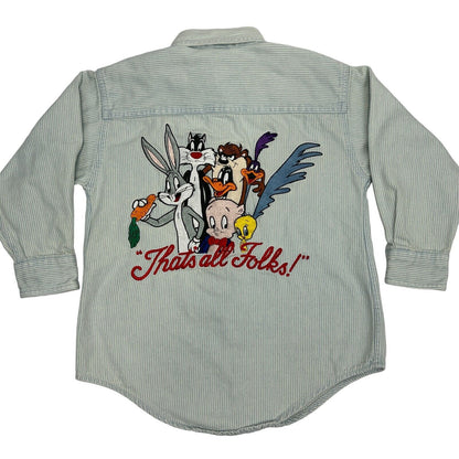 Thats All Folks Vintage 90s Youth Button Front Shirt Small Looney Tunes Blue