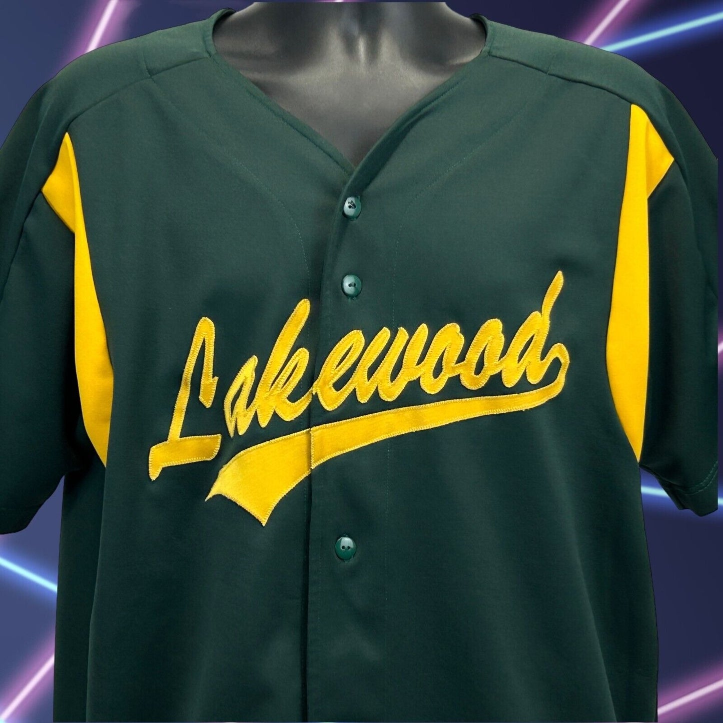 Camiseta de béisbol vintage Lakewood 7, grande, años 90, con botones en el frente, bordada, para hombre, verde