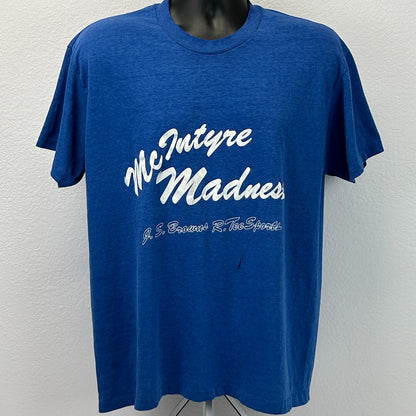 Vintage Distressed McIntyre Madness T Shirt Mens XL X-Large Blue 80s JS Browns