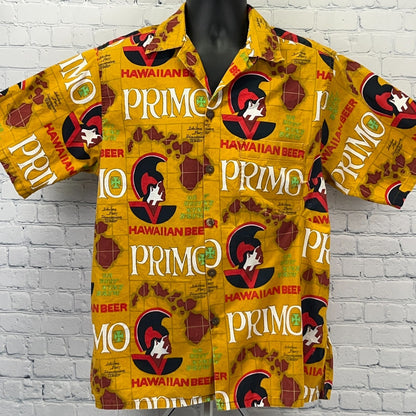 Vintage 70s Primo Hawaiian Beer Button Front Camp Shirt Brewery Yellow L Large