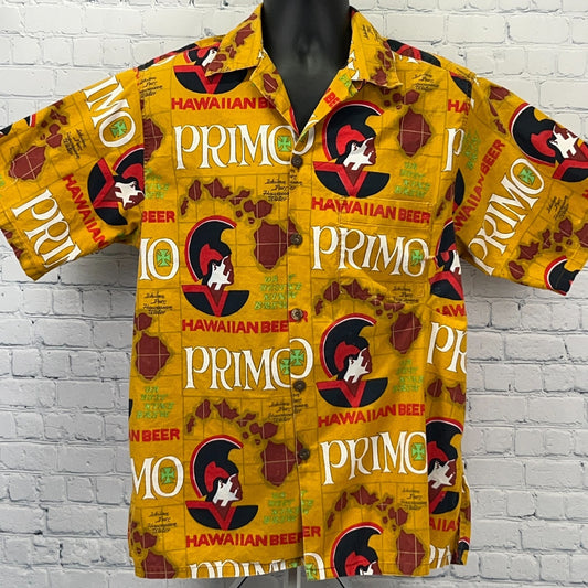 Vintage 70s Primo Hawaiian Beer Button Front Camp Shirt Brewery Yellow L Large