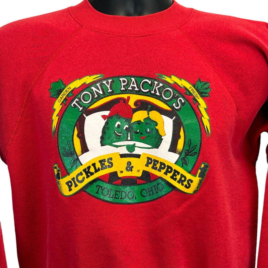 Sudadera vintage de Tony Packos Pickles &amp; Peppers para hombre, talla pequeña, Toledo, Ohio, años 90, color rojo