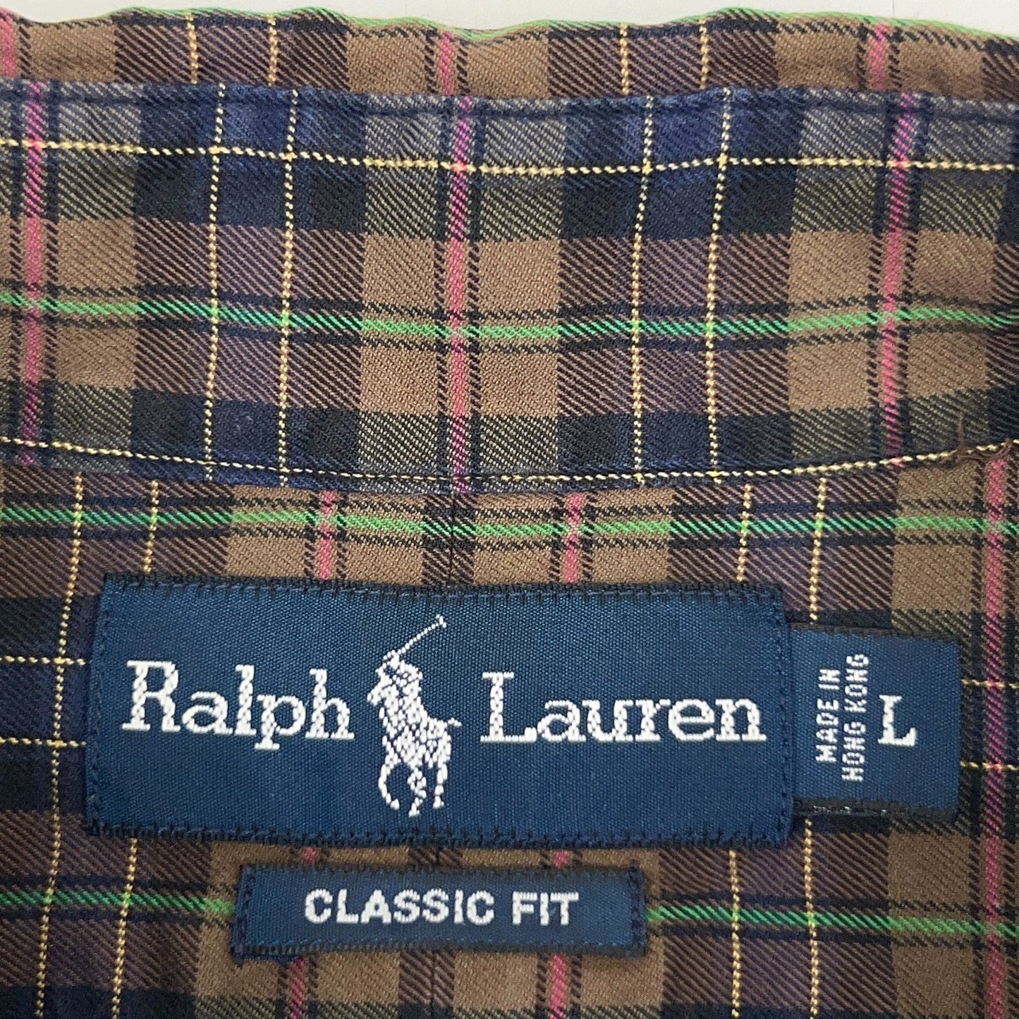 Ralph Lauren Shirt Mens L Large Brown Navy Green Plaid Classic Fit Button Front