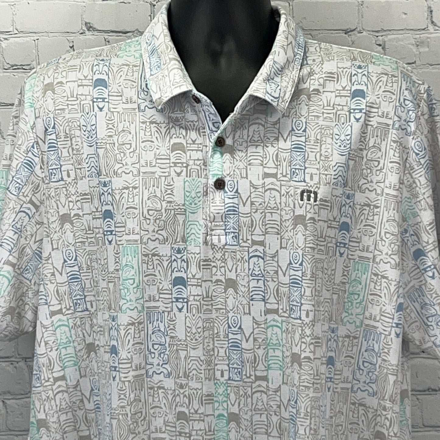 Travis Mathew Tiki Polo Shirt Mens XXL 2XL White Golfer Hawaiian Short Sleeve