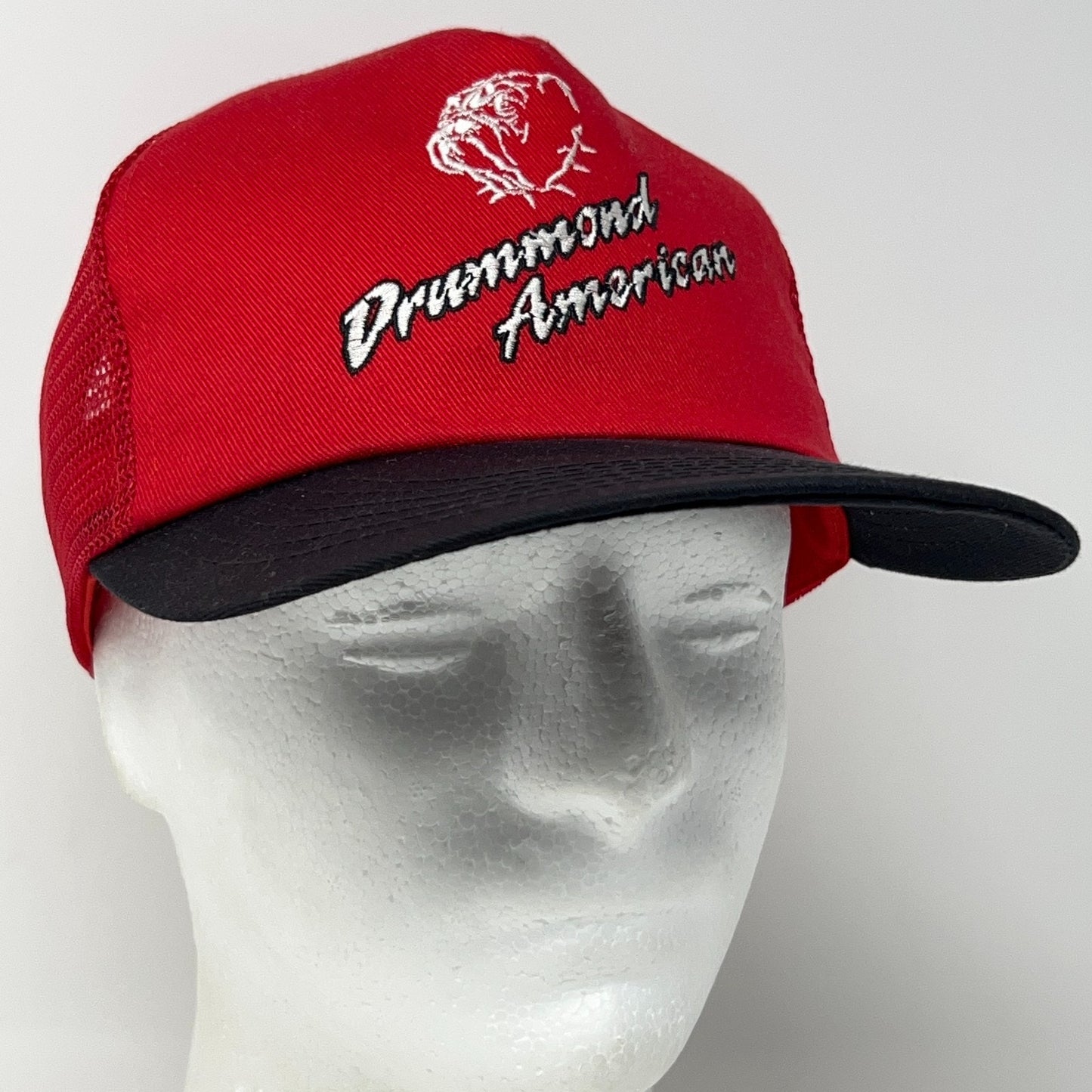Vintage 90s Drummond American Trucker Hat Baseball Cap 5 Panel Mesh Snapback Red