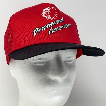 Vintage 90s Drummond American Trucker Hat Baseball Cap 5 Panel Mesh Snapback Red
