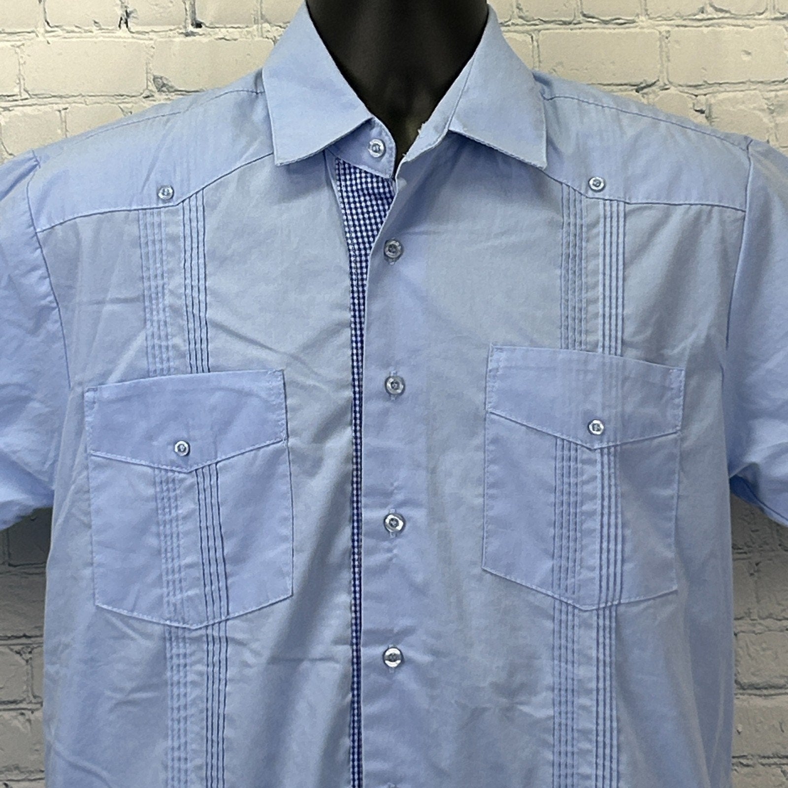 Guayabera Button Front Shirt Blue Wedding Barber Mexican Cuban Renato S Small - Neon Vintage