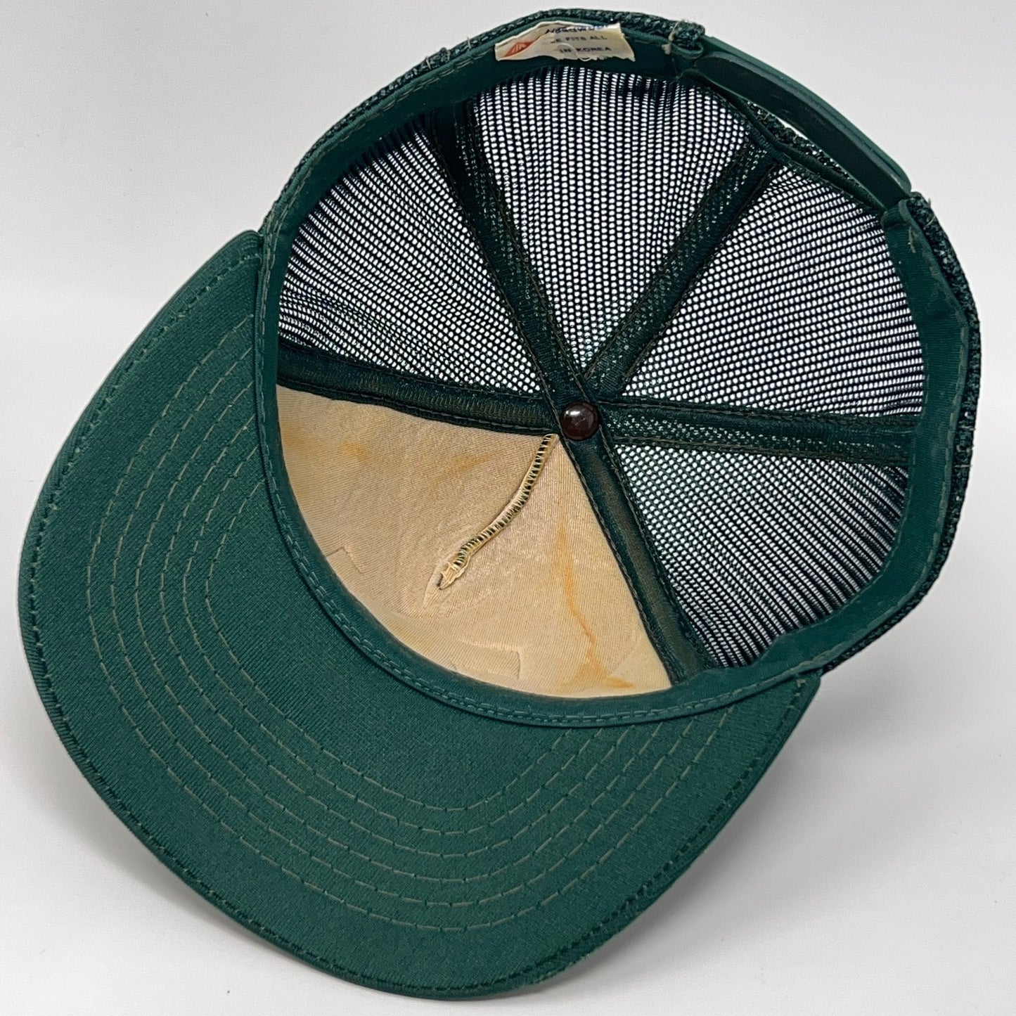 Vintage 80s American Linen Trucker Hat Baseball Cap 5 Panel Mesh Snapback Green