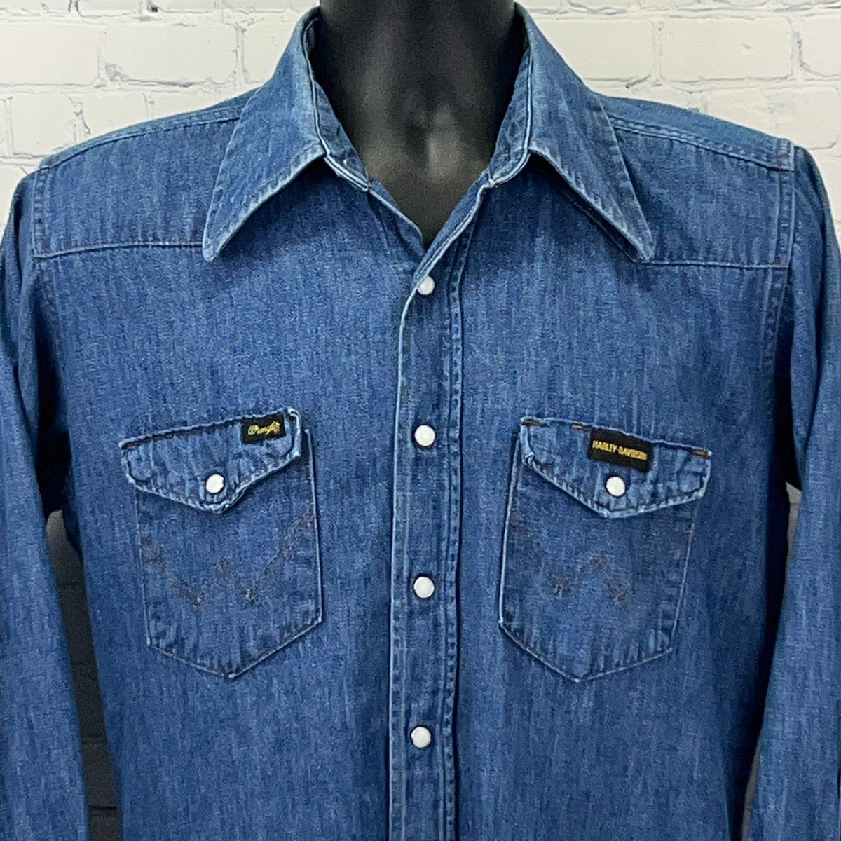 Vintage Wrangler Harley Davidson Denim Western Shirt M Medium USA Pearl Snap