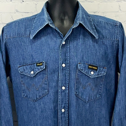 Vintage Wrangler Harley Davidson Denim Western Shirt M Medium USA Pearl Snap