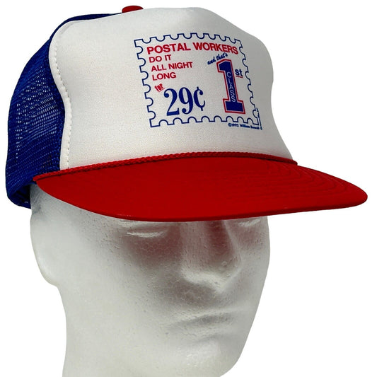 Gorra de camionero con el lema "Los trabajadores postales lo hacen toda la noche" Gorra de béisbol azul vintage de los años 90