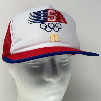 Vintage 80s USA Olympics McDonalds Trucker Hat Baseball Cap Mesh Snapback Red