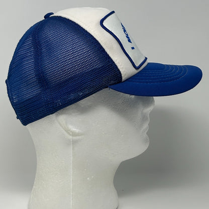 Vintage 80s I Move The Earth Patch Trucker Hat Cap Blue Mesh Snapback 5 Panel