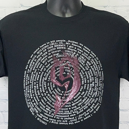 Black Gildan T-shirt featuring 9 Circles Bill Cain Play graphic in maroon, front view with detailed text design
