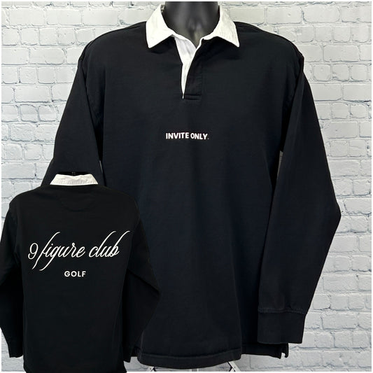 ASColour Golf Shirt in black with white collar, featuring 'Invite Only' front and '9 Figure Club Golf' back design
