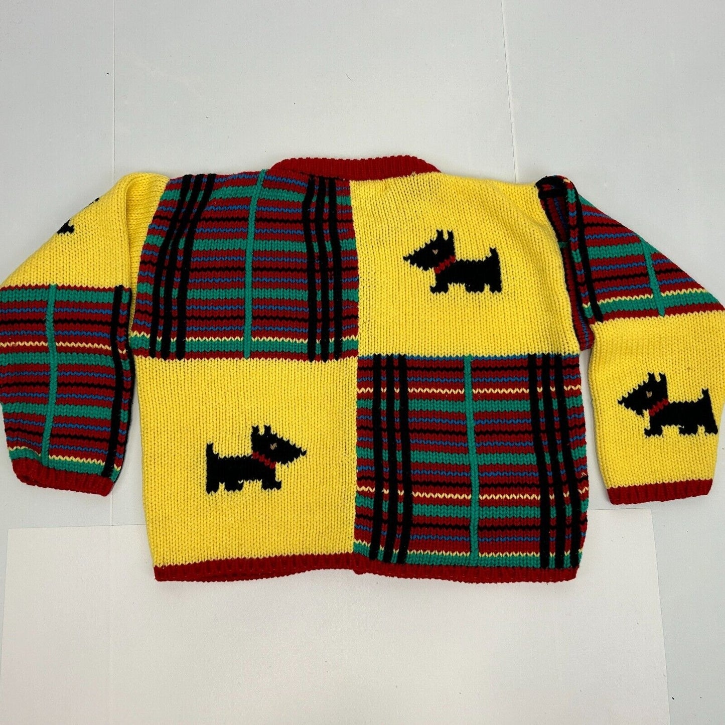 Vintage Scottie Dog Girls Cardigan Sweater Small Plaid Scottish Terrier 80s Red